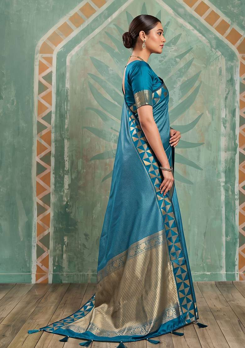 Teal Blue Zari Work Silk Saree Set - Indya