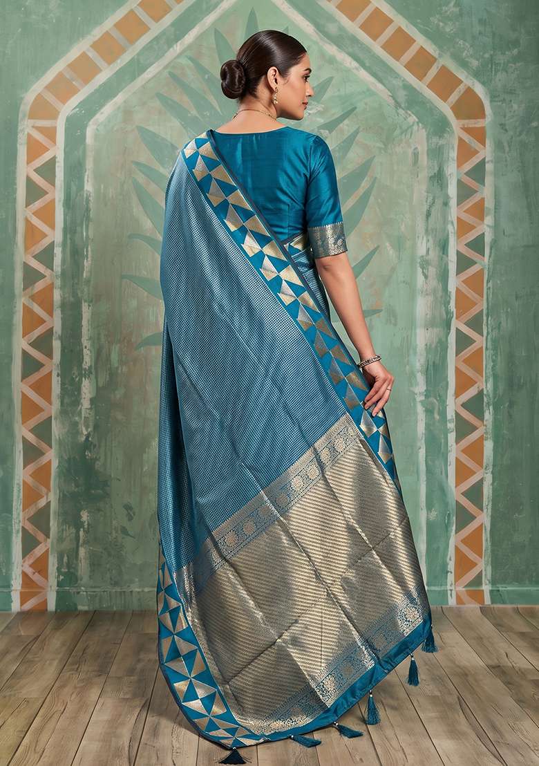 Teal Blue Zari Work Silk Saree Set - Indya
