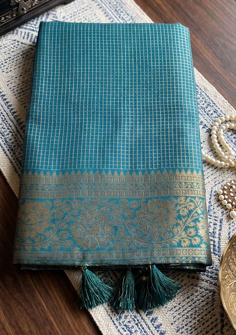 Teal Blue Zari Work Silk Saree Set - Indya