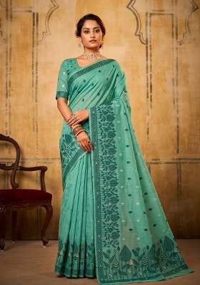 Sea Green Zari Work Cotton Saree Set
