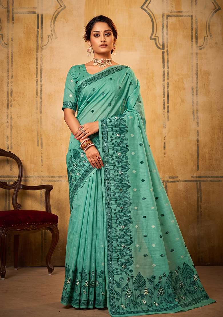 Sea Green Zari Work Cotton Saree Set - Indya