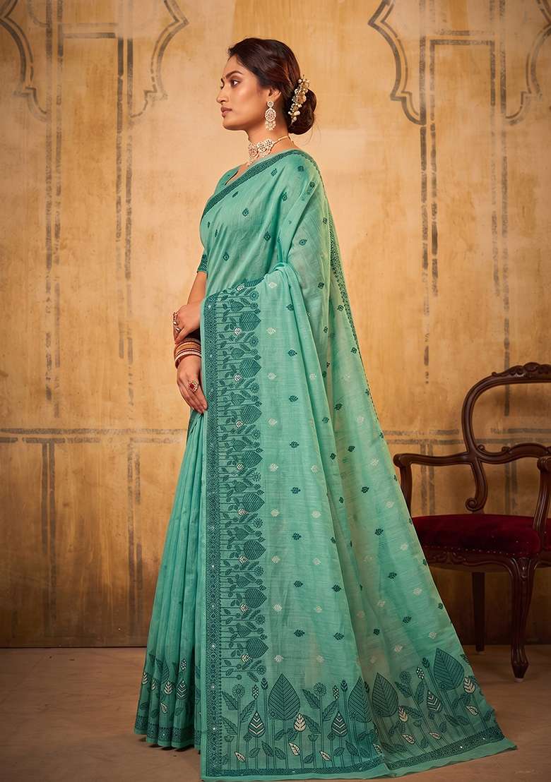 Sea Green Zari Work Cotton Saree Set - Indya
