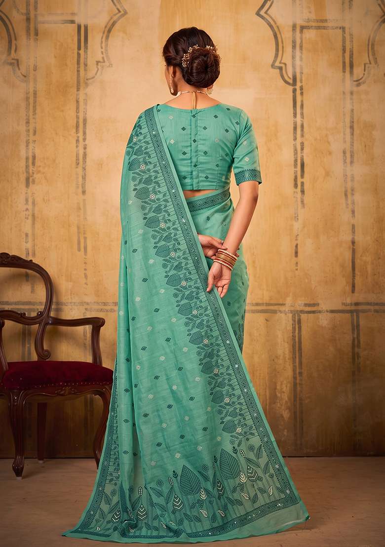 Sea Green Zari Work Cotton Saree Set - Indya