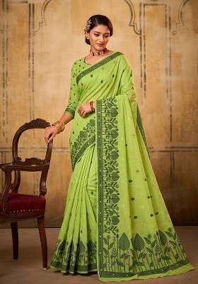 Light Green Zari Work Cotton Saree Set