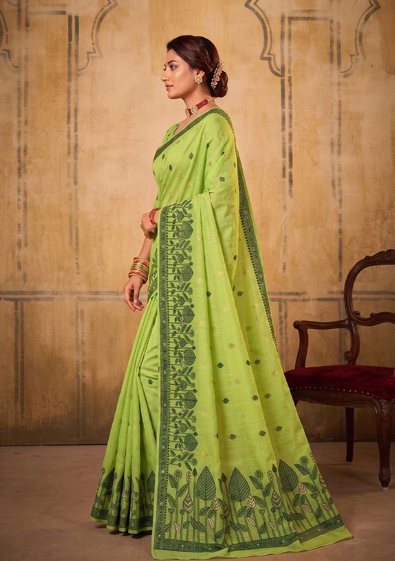 Light Green Zari Work Cotton Saree Set - Indya