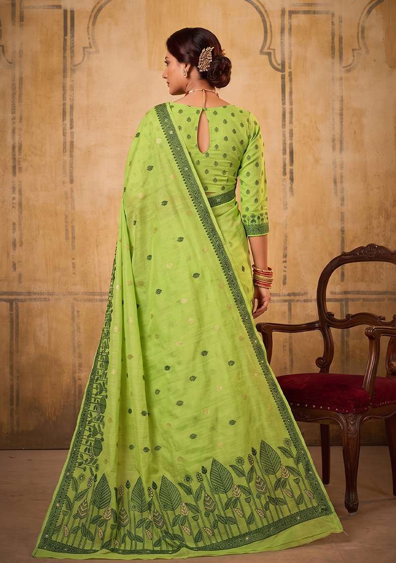 Light Green Zari Work Cotton Saree Set - Indya