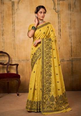 Mustard Yellow Zari Work Cotton Saree Set
