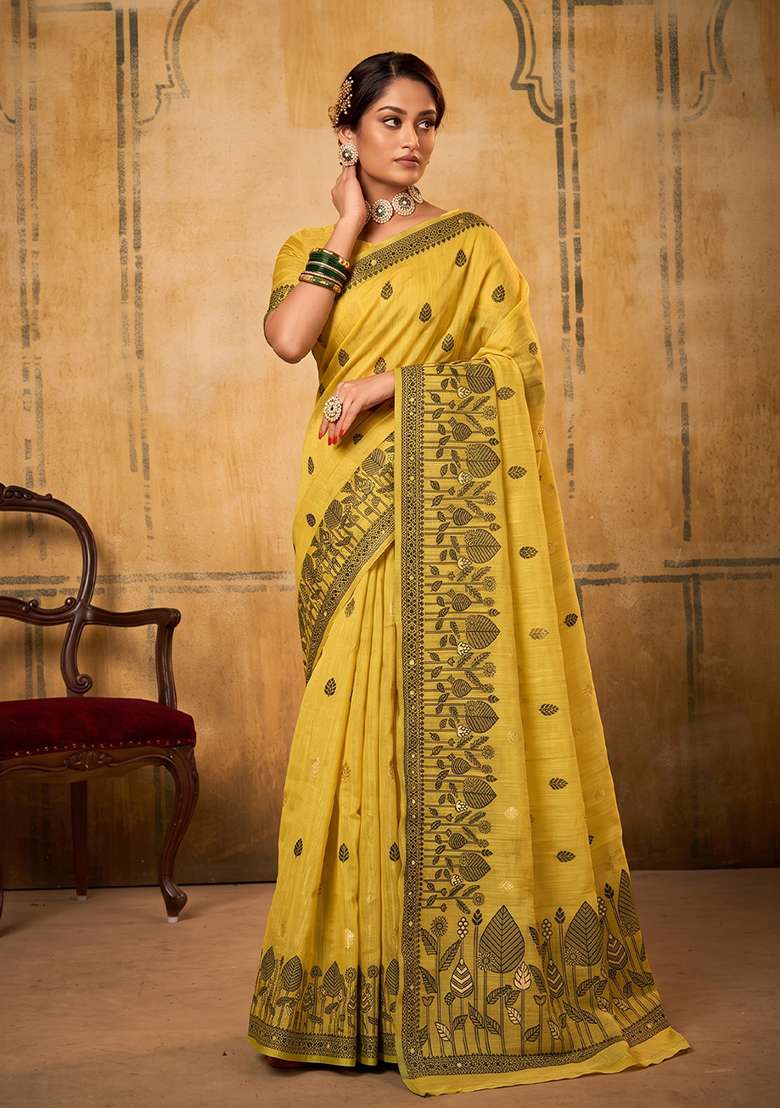 Mustard Yellow Zari Work Cotton Saree Set - Indya