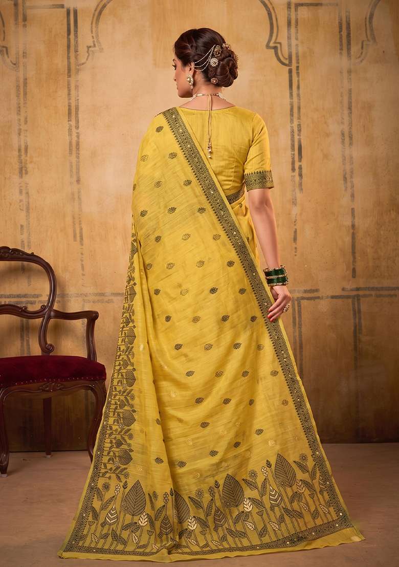 Mustard Yellow Zari Work Cotton Saree Set - Indya