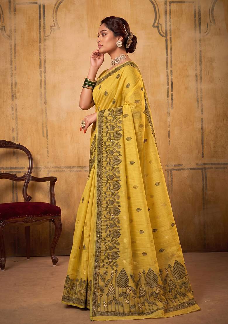 Mustard Yellow Zari Work Cotton Saree Set - Indya