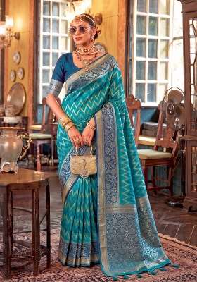 Teal Blue Zari Work Silk Saree Set