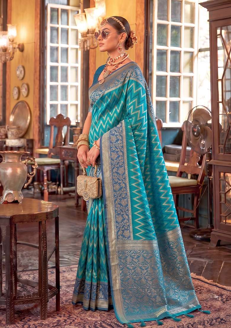 Teal Blue Zari Work Silk Saree Set - Indya