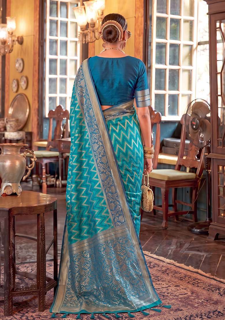 Teal Blue Zari Work Silk Saree Set - Indya