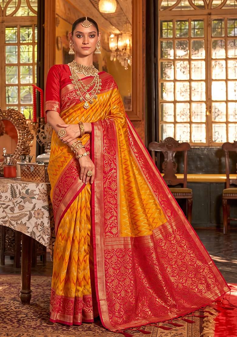 Mustard And Red Zari Work Silk Saree Set - Indya