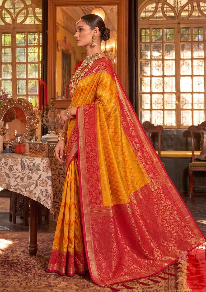 Mustard And Red Zari Work Silk Saree Set - Indya