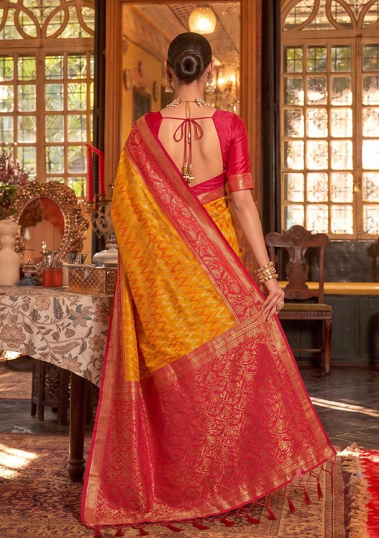 Mustard And Red Zari Work Silk Saree Set - Indya
