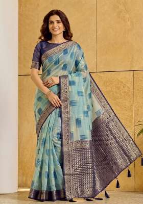 Sky Blue Zari Work Cotton Saree Set