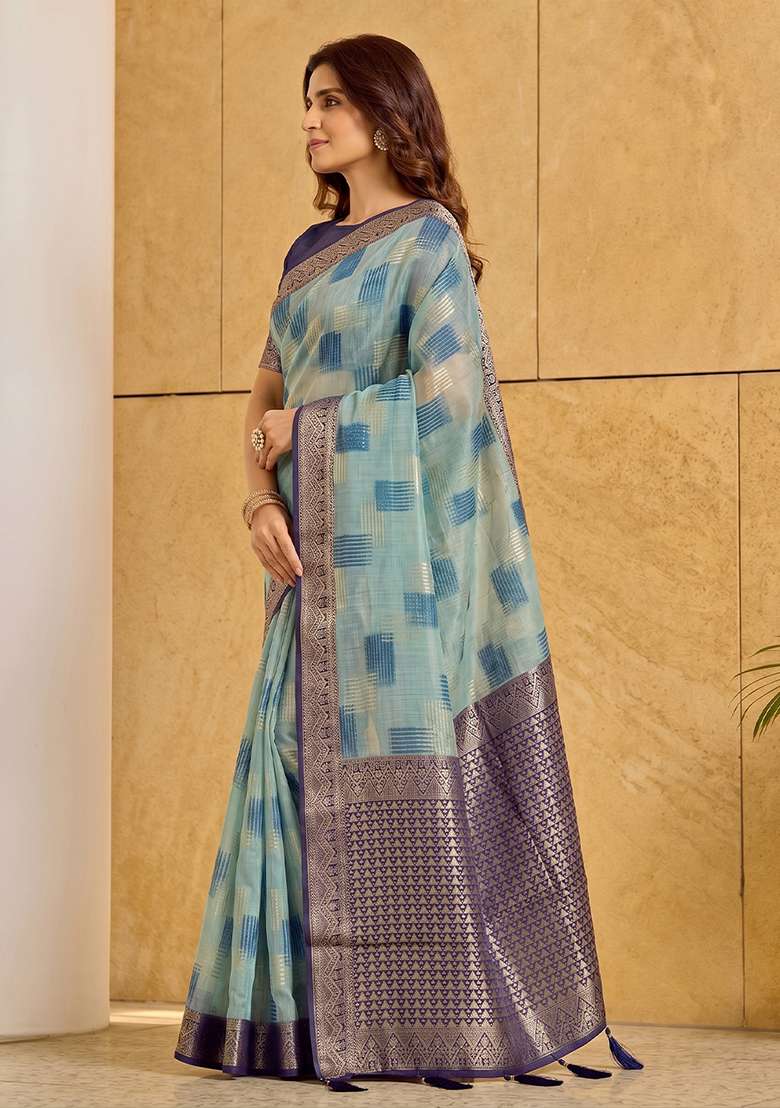 Sky Blue Zari Work Cotton Saree Set - Indya
