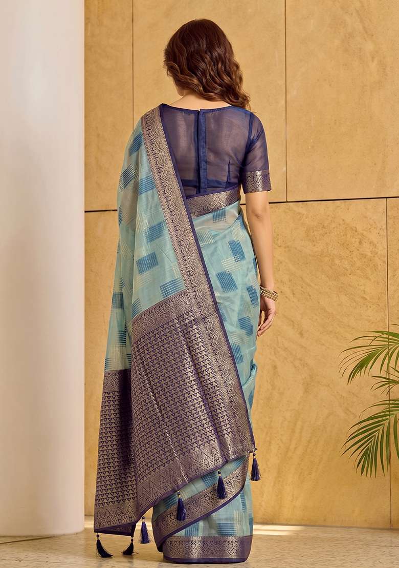 Sky Blue Zari Work Cotton Saree Set - Indya