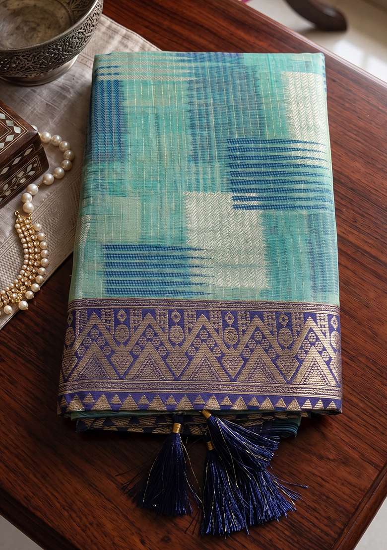 Sky Blue Zari Work Cotton Saree Set - Indya