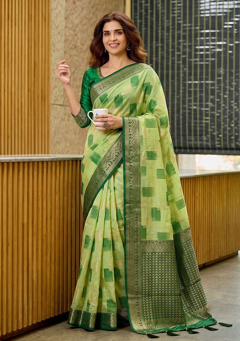 Light Green Zari Work Cotton Saree Set - Indya