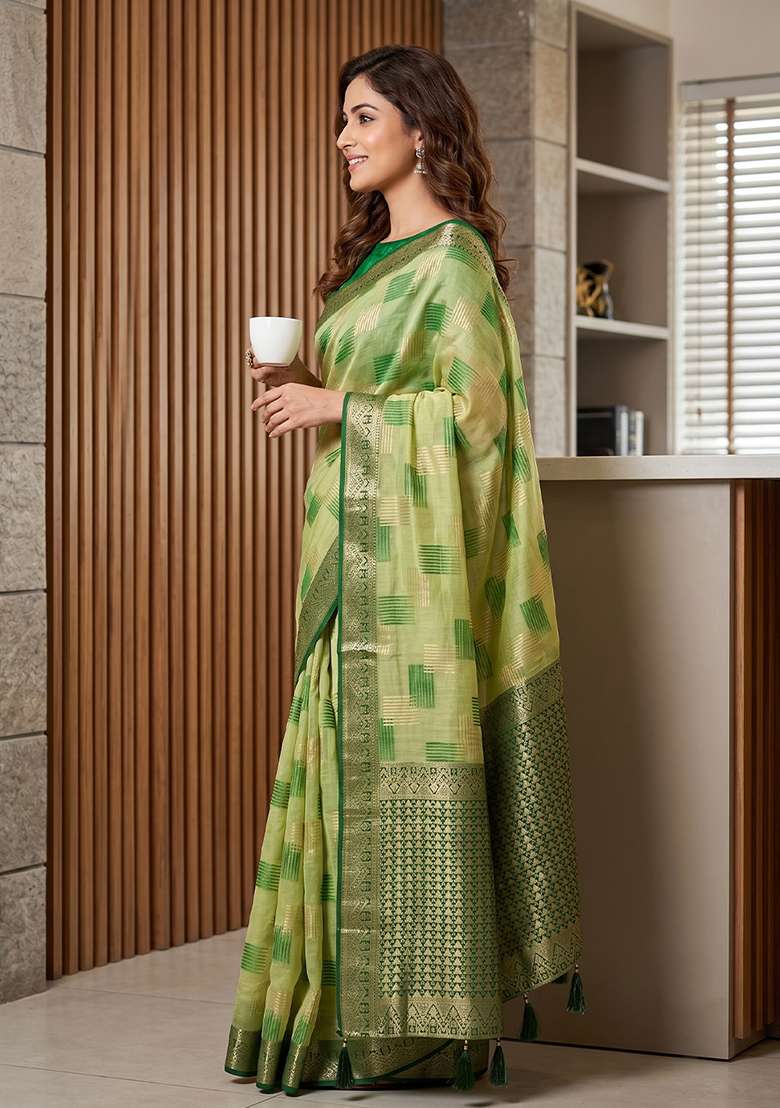 Light Green Zari Work Cotton Saree Set - Indya