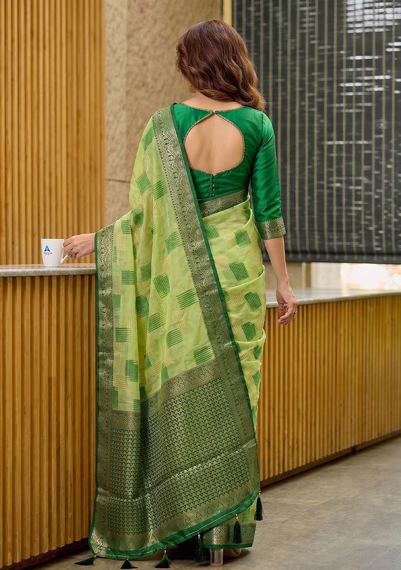 Light Green Zari Work Cotton Saree Set - Indya