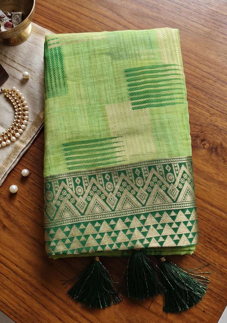 Light Green Zari Work Cotton Saree Set - Indya