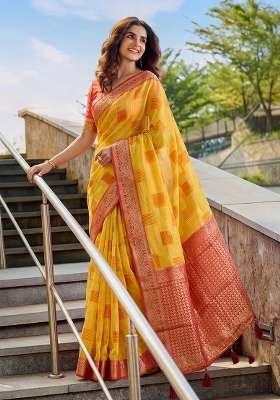 Yellow Zari Work Cotton Saree Set