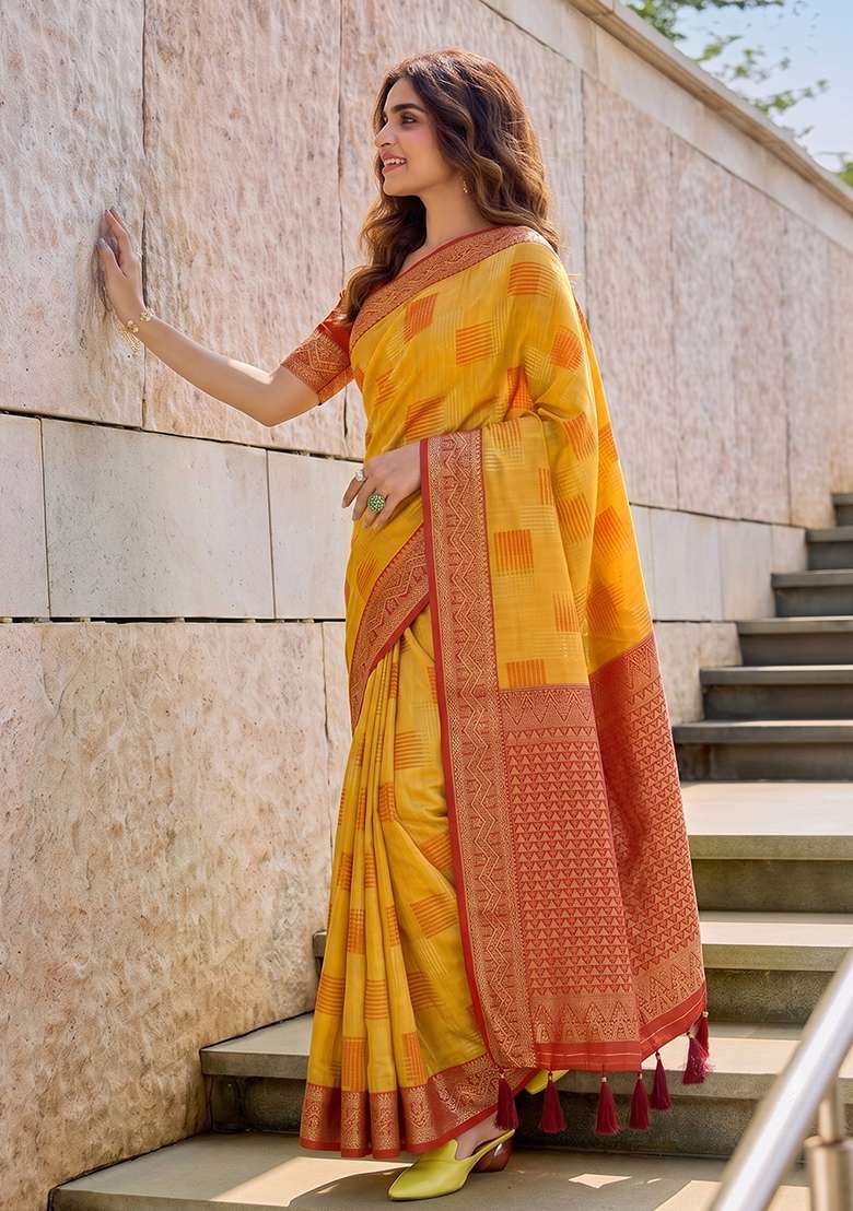 Yellow Zari Work Cotton Saree Set - Indya