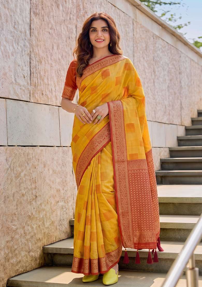 Yellow Zari Work Cotton Saree Set - Indya