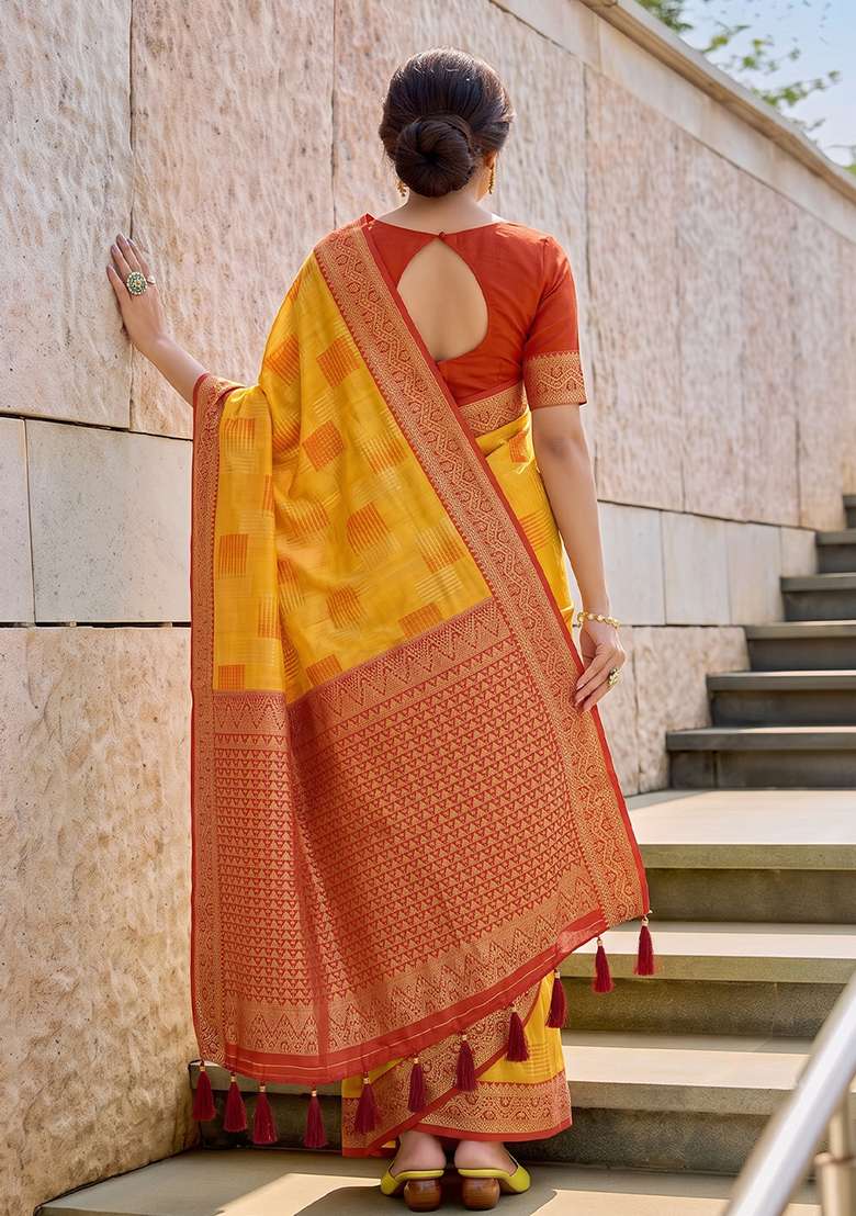 Yellow Zari Work Cotton Saree Set - Indya
