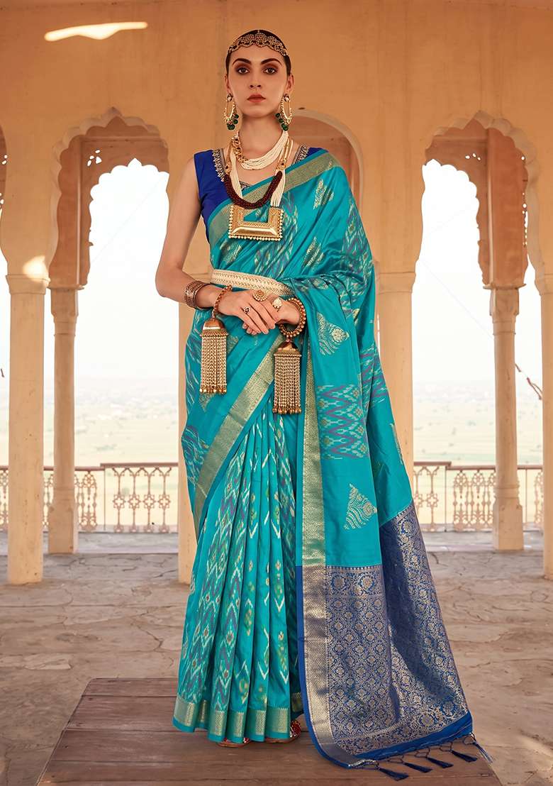 Sky Blue Zari Work Silk Saree Set - Indya