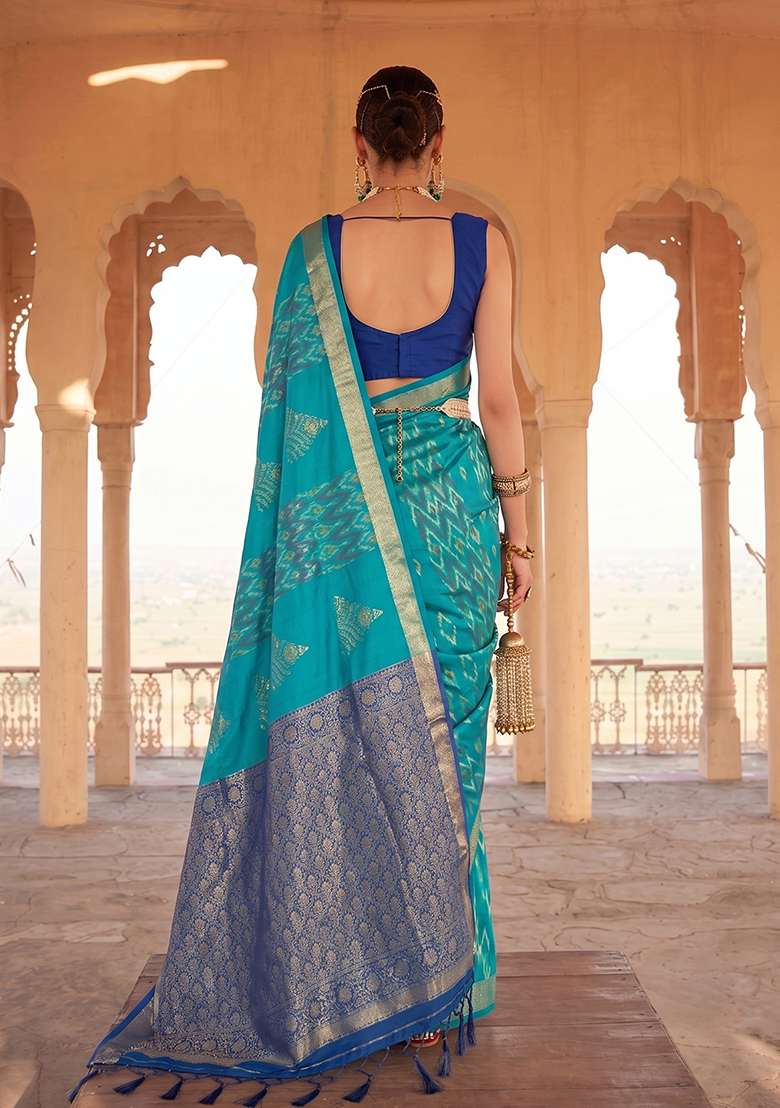 Sky Blue Zari Work Silk Saree Set - Indya