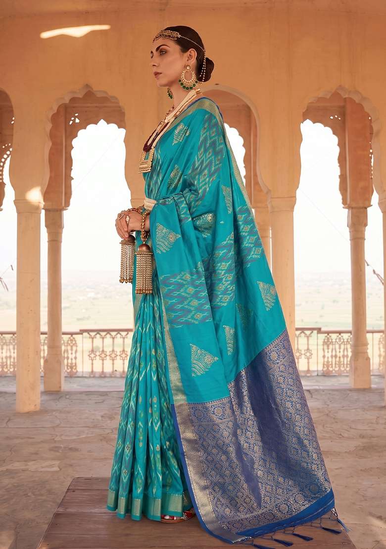 Sky Blue Zari Work Silk Saree Set - Indya