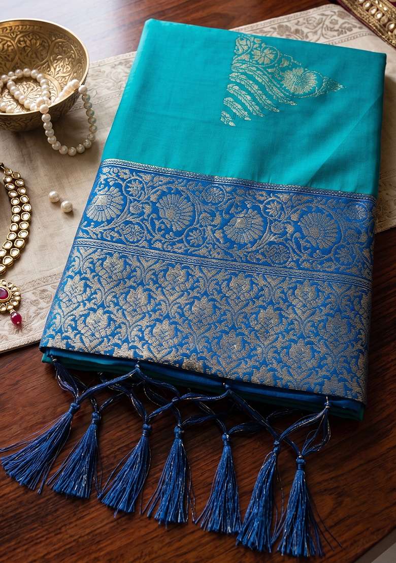 Sky Blue Zari Work Silk Saree Set - Indya
