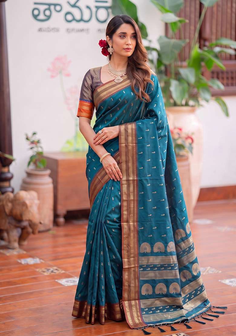 Teal Blue Zari Work Silk Saree Set - Indya