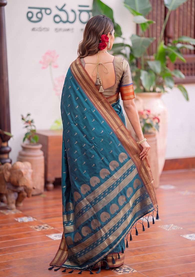 Teal Blue Zari Work Silk Saree Set - Indya
