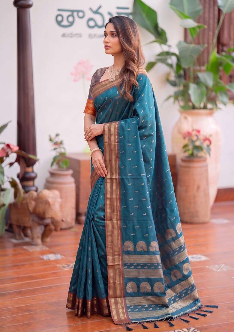Teal Blue Zari Work Silk Saree Set - Indya