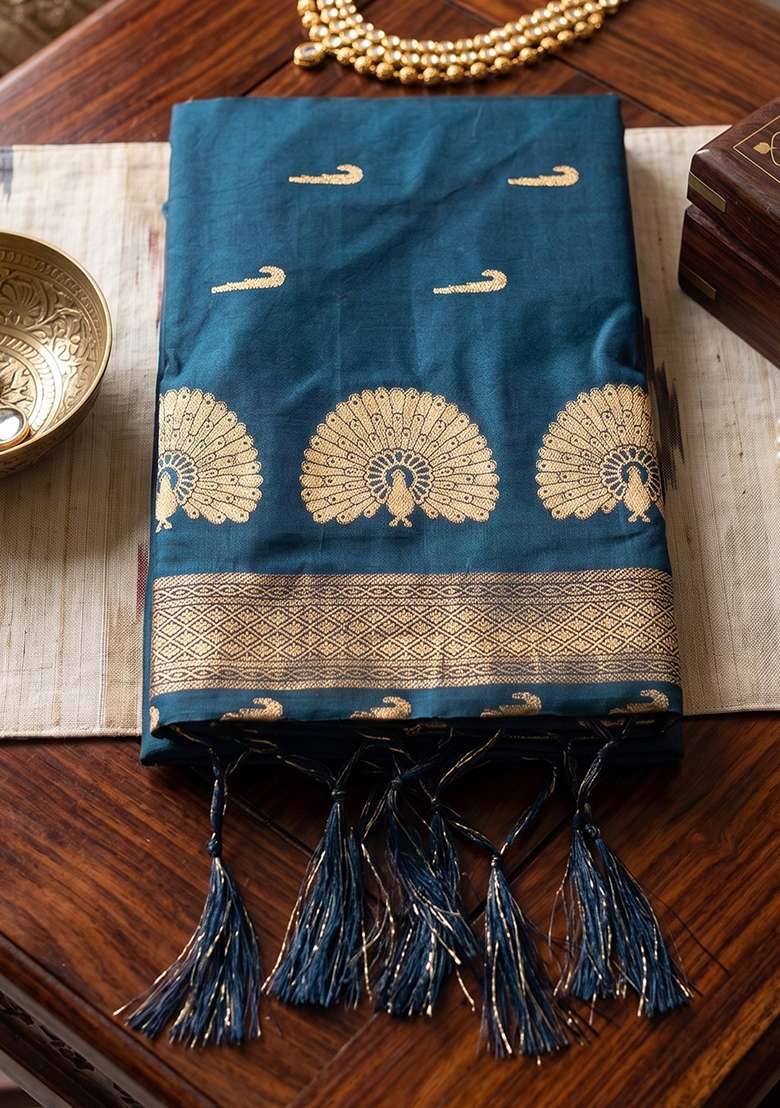 Teal Blue Zari Work Silk Saree Set - Indya