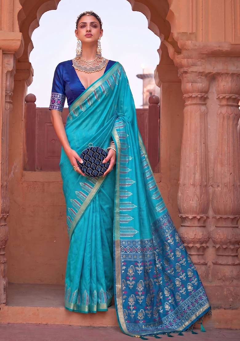 Sky Blue Zari Work Silk Saree Set - Indya