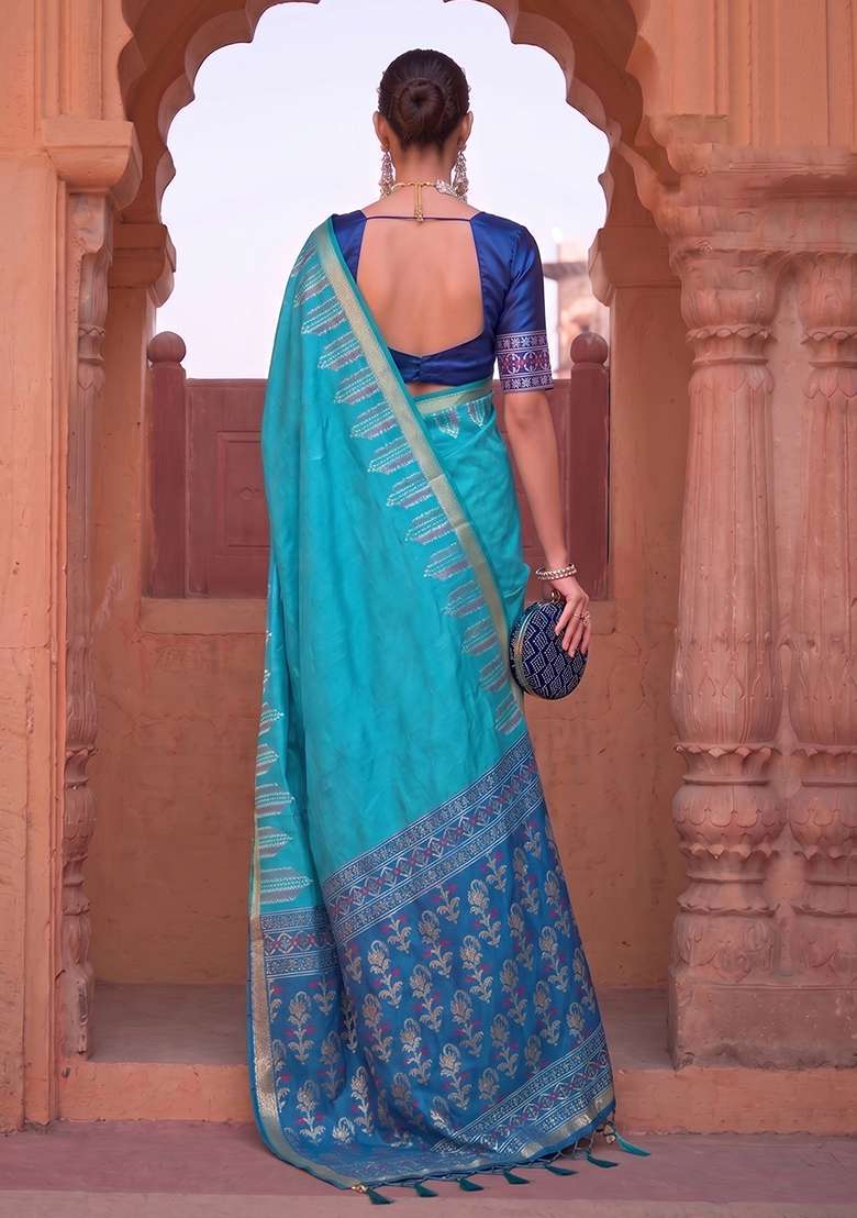 Sky Blue Zari Work Silk Saree Set - Indya