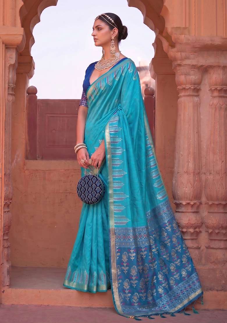 Sky Blue Zari Work Silk Saree Set - Indya