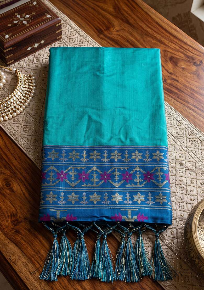 Sky Blue Zari Work Silk Saree Set - Indya