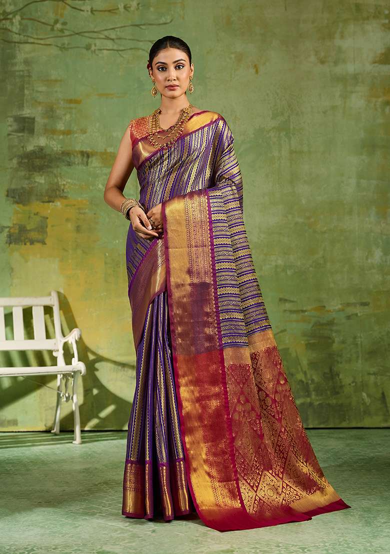 Royal Blue Zari Work Silk Saree Set - Indya