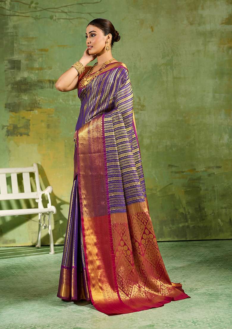 Royal Blue Zari Work Silk Saree Set - Indya