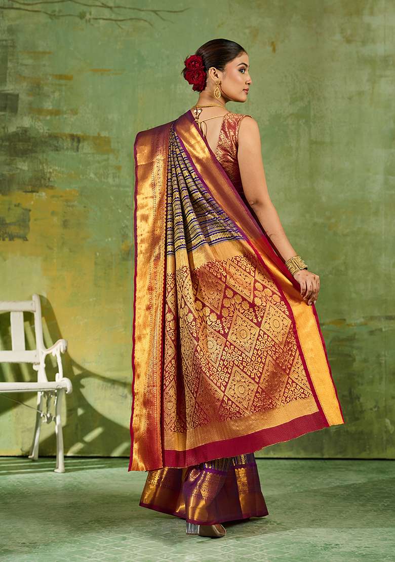 Royal Blue Zari Work Silk Saree Set - Indya