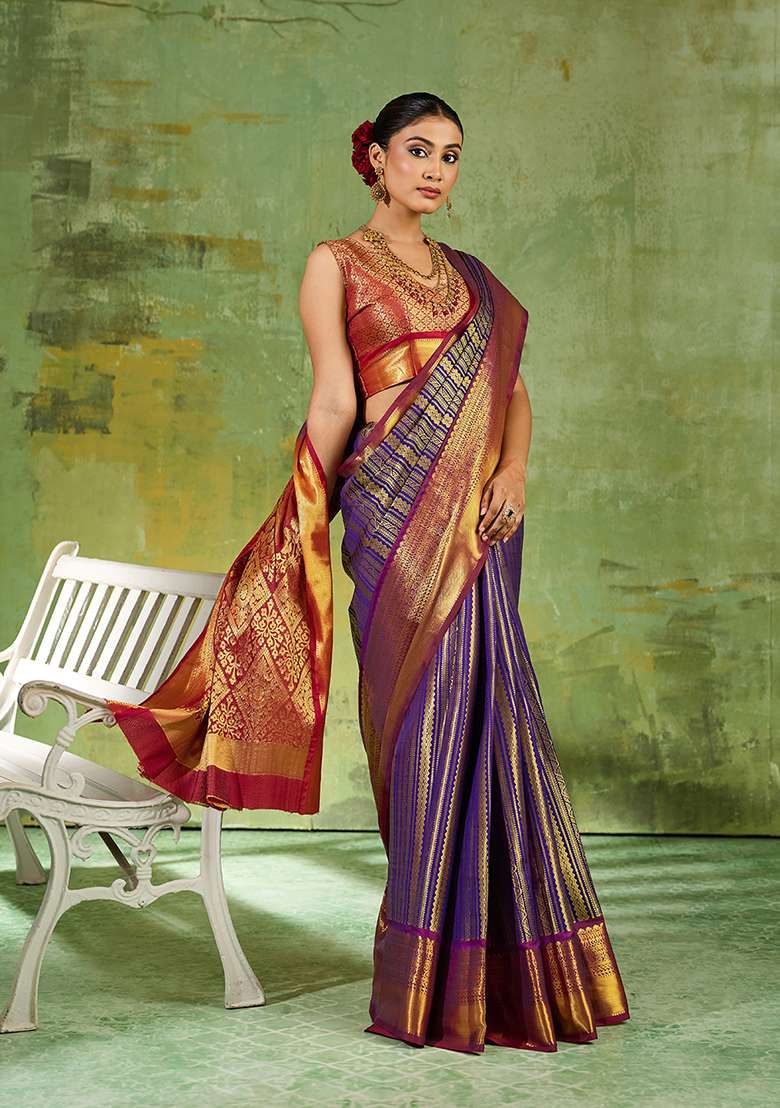 Royal Blue Zari Work Silk Saree Set - Indya