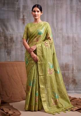 Light Green Zari Work Cotton Saree Set