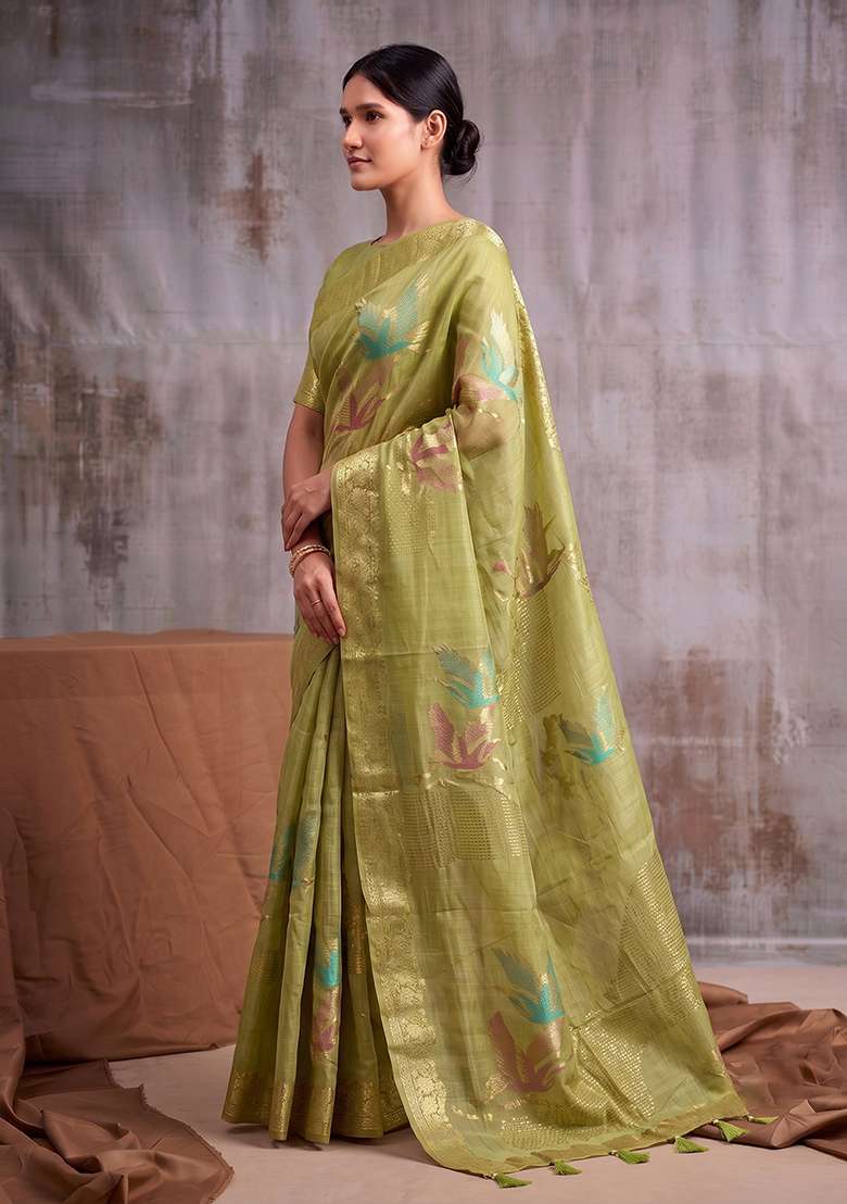 Light Green Zari Work Cotton Saree Set - Indya